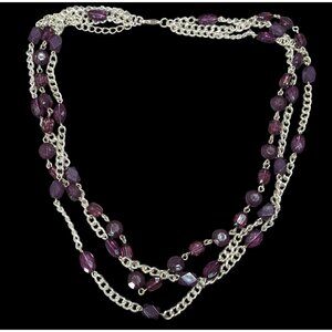 Elegant Layered Purple And Silver Tone Beaded Chain Necklace